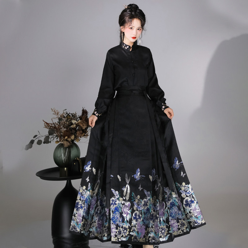 Luozhu Hanfu za žene, Ming inspiriran stil, gradijentna izvezena bluza s visokim ovratnikom i suknja Horse-Face s perlama