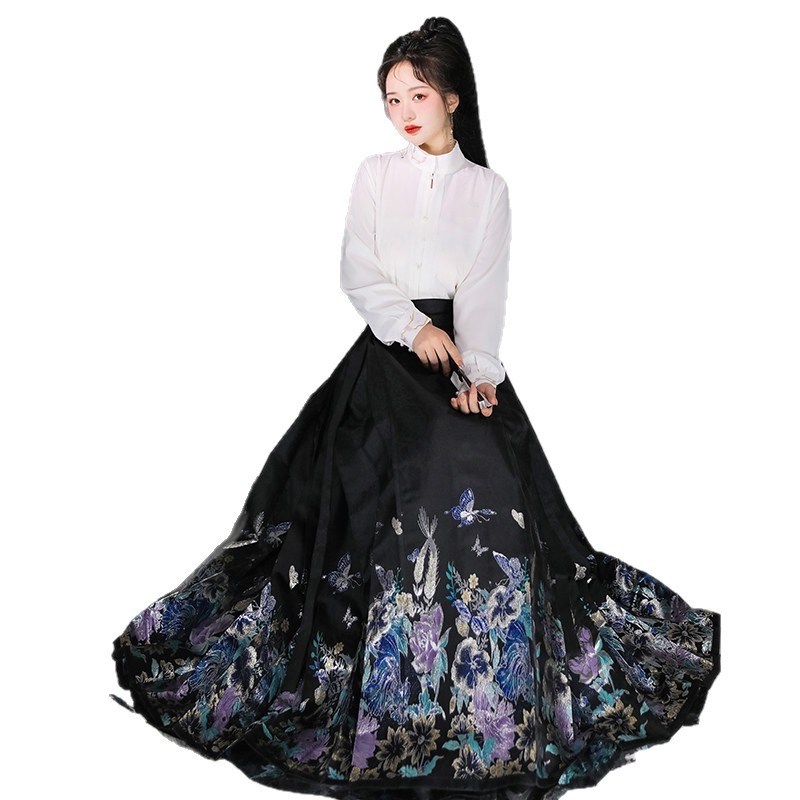 Luozhu Hanfu za žene, Ming inspiriran stil, gradijentna izvezena bluza s visokim ovratnikom i suknja Horse-Face s perlama