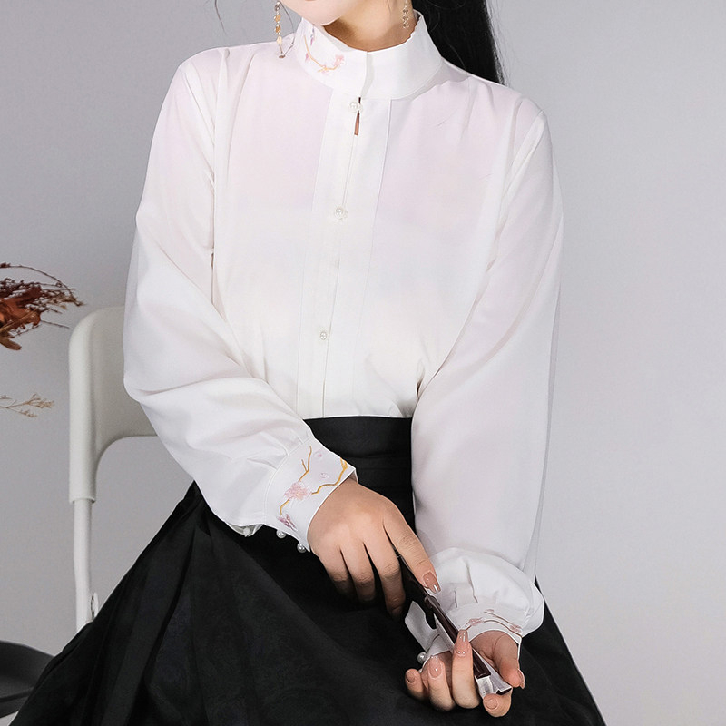 Luozhu Hanfu za žene, Ming inspiriran stil, gradijentna izvezena bluza s visokim ovratnikom i suknja Horse-Face s perlama