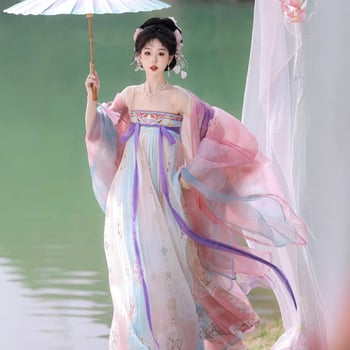 2025 ženski Hanfu set, Tang stil, bluza s izvezenim gradientom i širokim rukavima, duljina do prsa, svakodnevni izgled