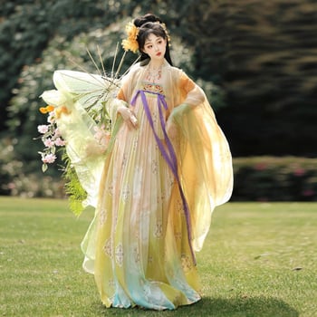 2025 ženski Hanfu set, Tang stil, bluza s izvezenim gradientom i širokim rukavima, duljina do prsa, svakodnevni izgled