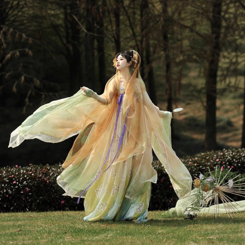 2025 ženski Hanfu set, Tang stil, bluza s izvezenim gradientom i širokim rukavima, duljina do prsa, svakodnevni izgled