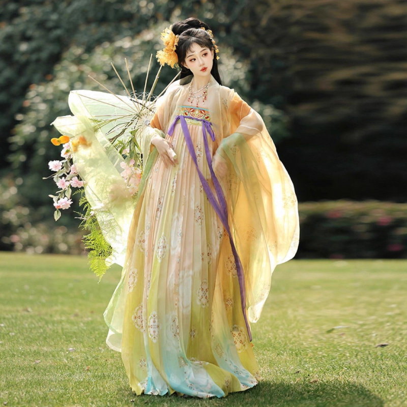 2025 ženski Hanfu set, Tang stil, bluza s izvezenim gradientom i širokim rukavima, duljina do prsa, svakodnevni izgled