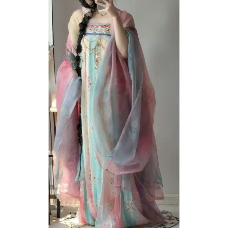 2025 ženski Hanfu set, Tang stil, bluza s izvezenim gradientom i širokim rukavima, duljina do prsa, svakodnevni izgled