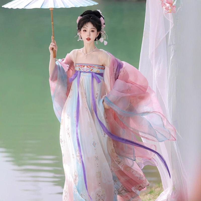 2025 ženski Hanfu set, Tang stil, bluza s izvezenim gradientom i širokim rukavima, duljina do prsa, svakodnevni izgled