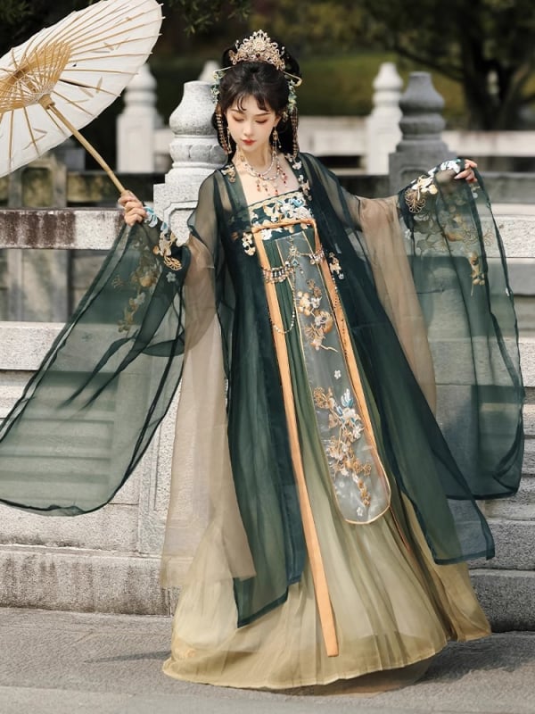 Zizhi Yutang originalni Hanfu za žene — Yunjin Chunhua — Dvije dijelni set s topom do prsa i širokim rukavima, gusta izvezenost, antički stil