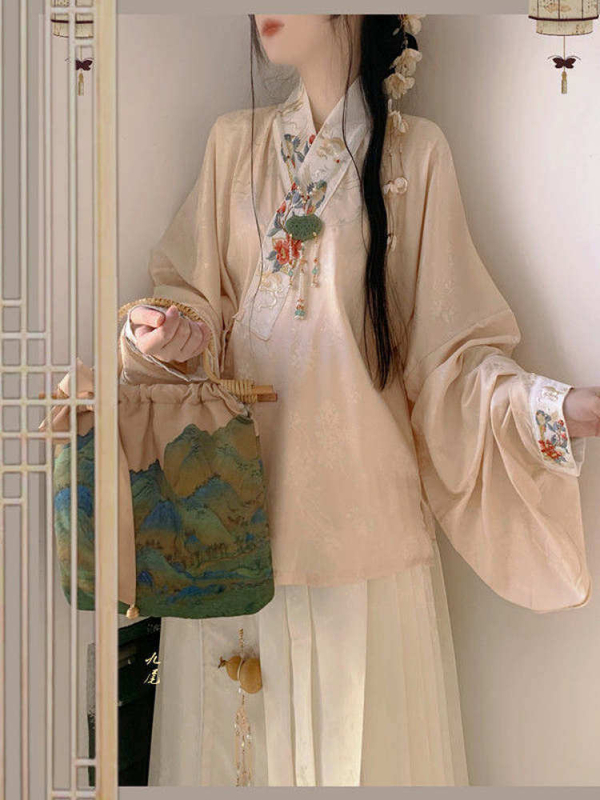 Ženski hanfu u stilu dinastije Ming, kratka bluza s preklopnim ovratnikom i suknja Mamian, geometrijski uzorak, proljeće i ljeto
