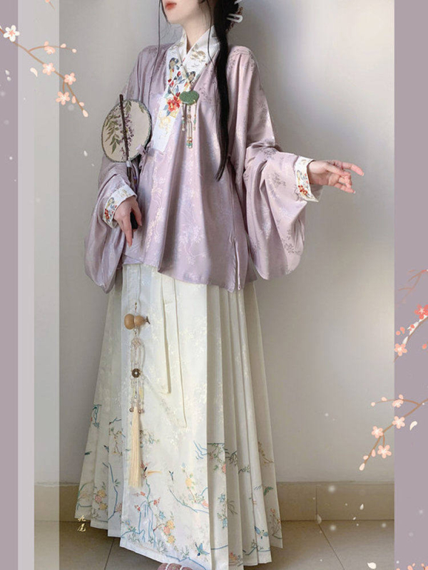Ženski hanfu u stilu dinastije Ming, kratka bluza s preklopnim ovratnikom i suknja Mamian, geometrijski uzorak, proljeće i ljeto