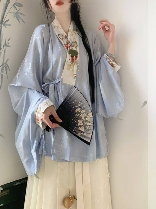Ženski hanfu u stilu dinastije Ming, kratka bluza s preklopnim ovratnikom i suknja Mamian, geometrijski uzorak, proljeće i ljeto