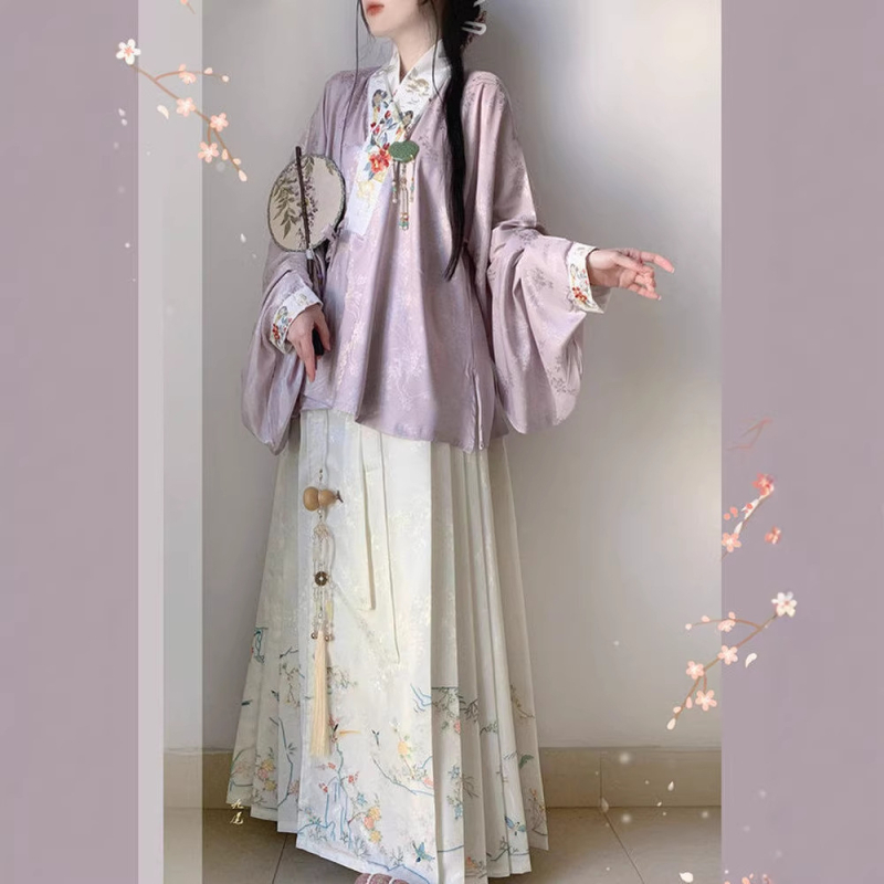 Ženski hanfu u stilu dinastije Ming, kratka bluza s preklopnim ovratnikom i suknja Mamian, geometrijski uzorak, proljeće i ljeto
