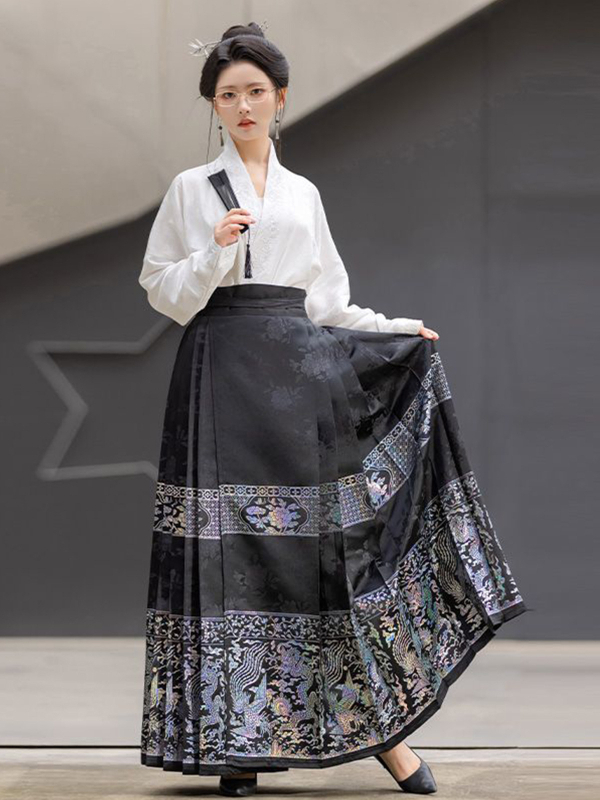Ženski Hanfu u Ming stilu, komplet za proljeće-jesen 2025, Ma Mian suknja s bisernom ukrasom, svakodnevna nosivost, ravni rukavi, novi kineski stil
