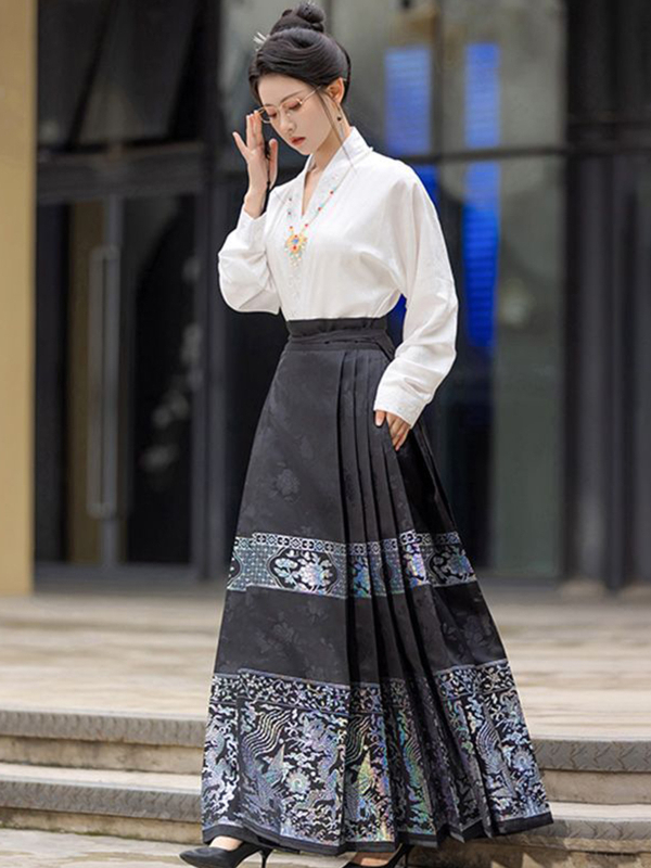 Ženski Hanfu u Ming stilu, komplet za proljeće-jesen 2025, Ma Mian suknja s bisernom ukrasom, svakodnevna nosivost, ravni rukavi, novi kineski stil
