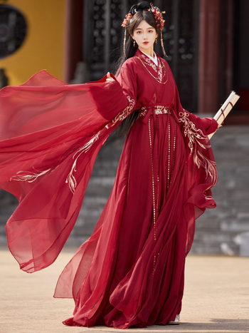 Hanfu u stilu Wei Jin, komplet s dugim rukavima, bogata izrada veom, antički crveni kostim