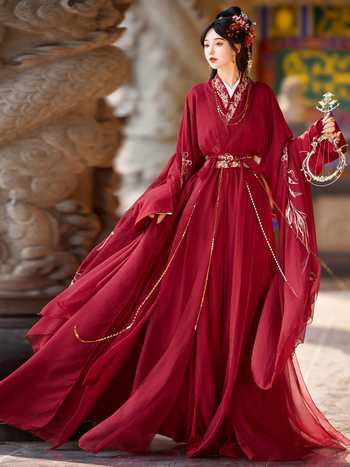 Hanfu u stilu Wei Jin, komplet s dugim rukavima, bogata izrada veom, antički crveni kostim