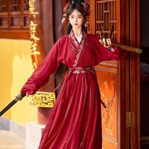 Hanfu u stilu Wei Jin, komplet s dugim rukavima, bogata izrada veom, antički crveni kostim