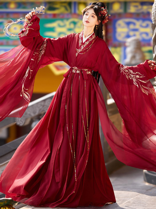 Hanfu u stilu Wei Jin, komplet s dugim rukavima, bogata izrada veom, antički crveni kostim