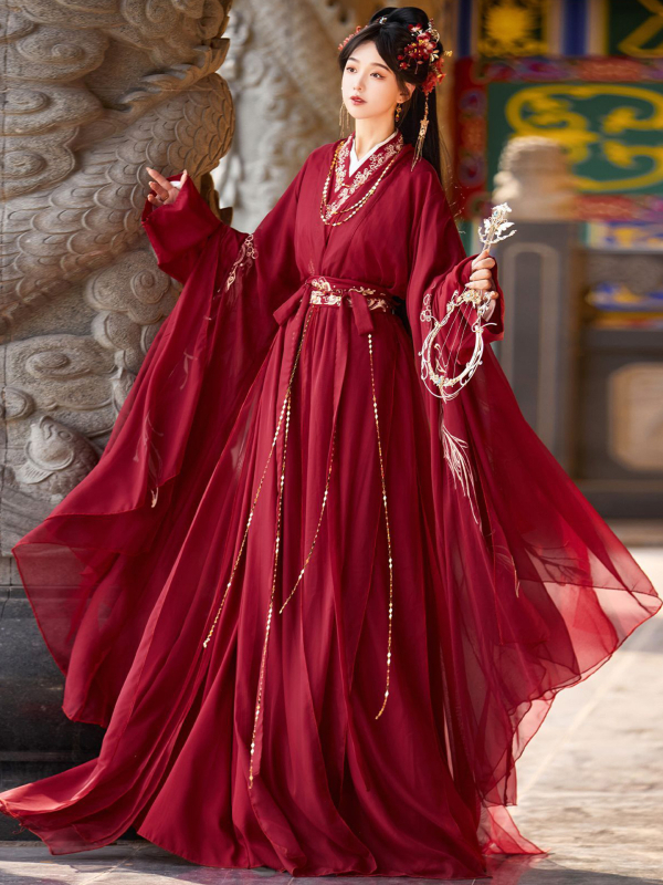 Hanfu u stilu Wei Jin, komplet s dugim rukavima, bogata izrada veom, antički crveni kostim