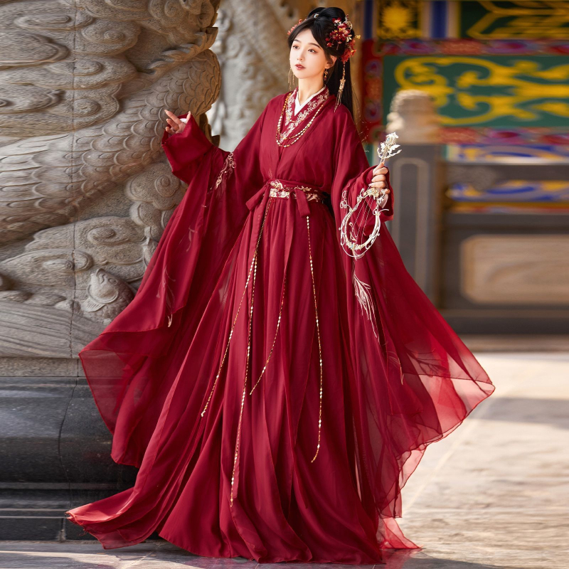 Hanfu u stilu Wei Jin, komplet s dugim rukavima, bogata izrada veom, antički crveni kostim