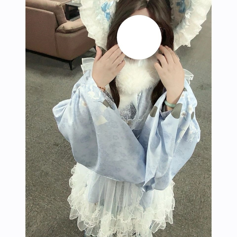 Hanfu stil jesen-zima dnevni set s plavim Pipa rukavima i kardiganom sa stojećim ovratnikom, Lolita set