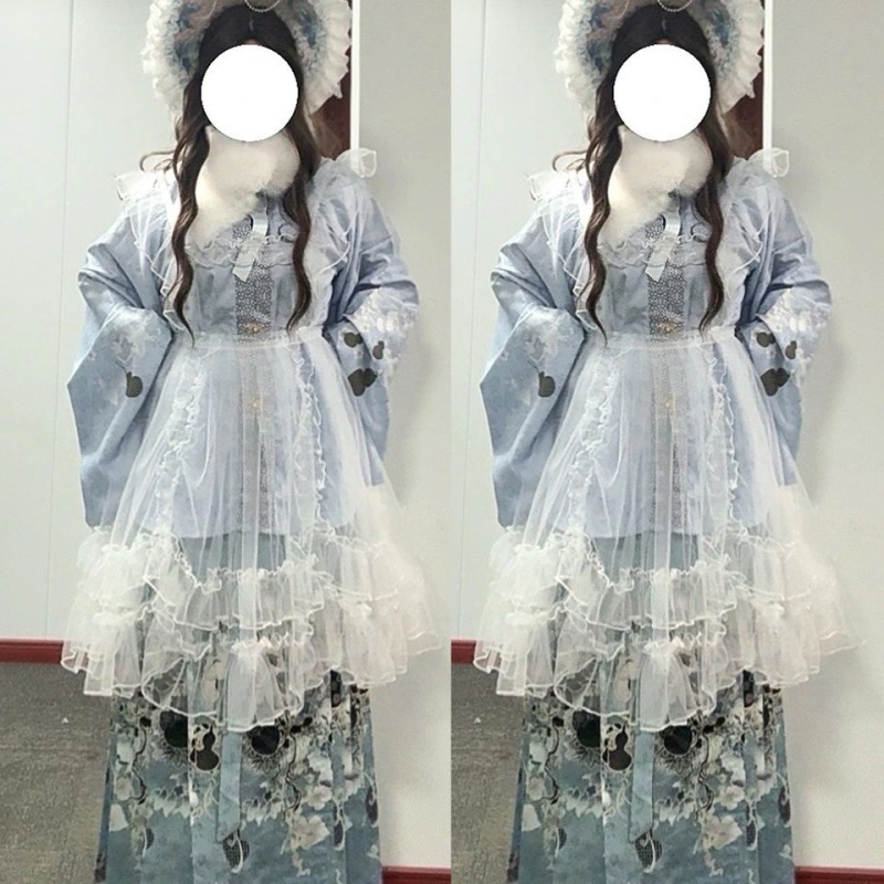 Hanfu stil jesen-zima dnevni set s plavim Pipa rukavima i kardiganom sa stojećim ovratnikom, Lolita set
