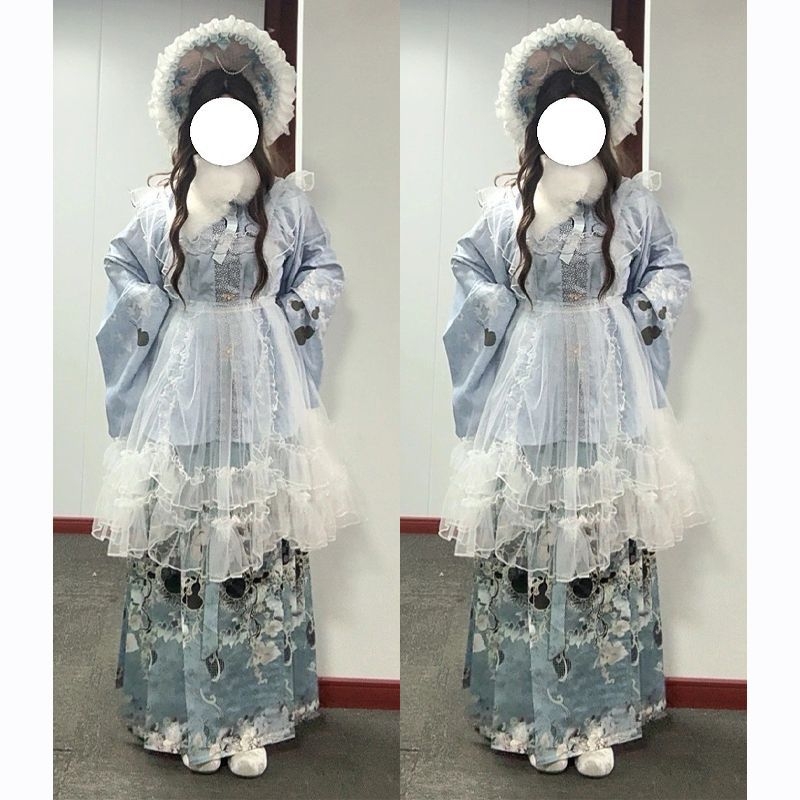 Hanfu stil jesen-zima dnevni set s plavim Pipa rukavima i kardiganom sa stojećim ovratnikom, Lolita set