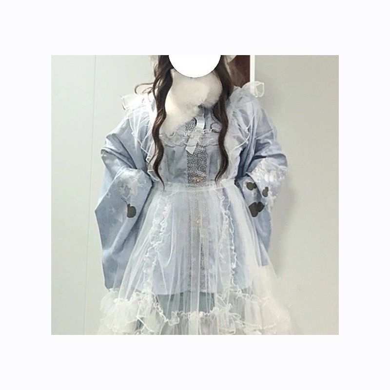 Hanfu stil jesen-zima dnevni set s plavim Pipa rukavima i kardiganom sa stojećim ovratnikom, Lolita set