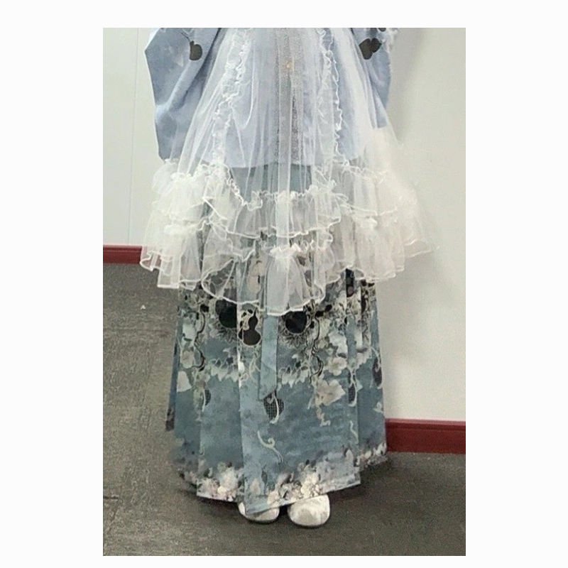 Hanfu stil jesen-zima dnevni set s plavim Pipa rukavima i kardiganom sa stojećim ovratnikom, Lolita set
