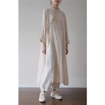 Etno-stil haljina od pamuka i lana, čipka, dužina do koljena, stojeći ovratnik, 3/4 rukava, A-linija, proljeće-ljeto, retro street stil