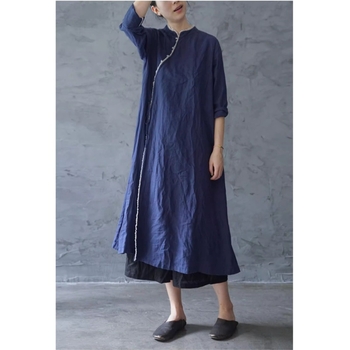 Etno-stil haljina od pamuka i lana, čipka, dužina do koljena, stojeći ovratnik, 3/4 rukava, A-linija, proljeće-ljeto, retro street stil