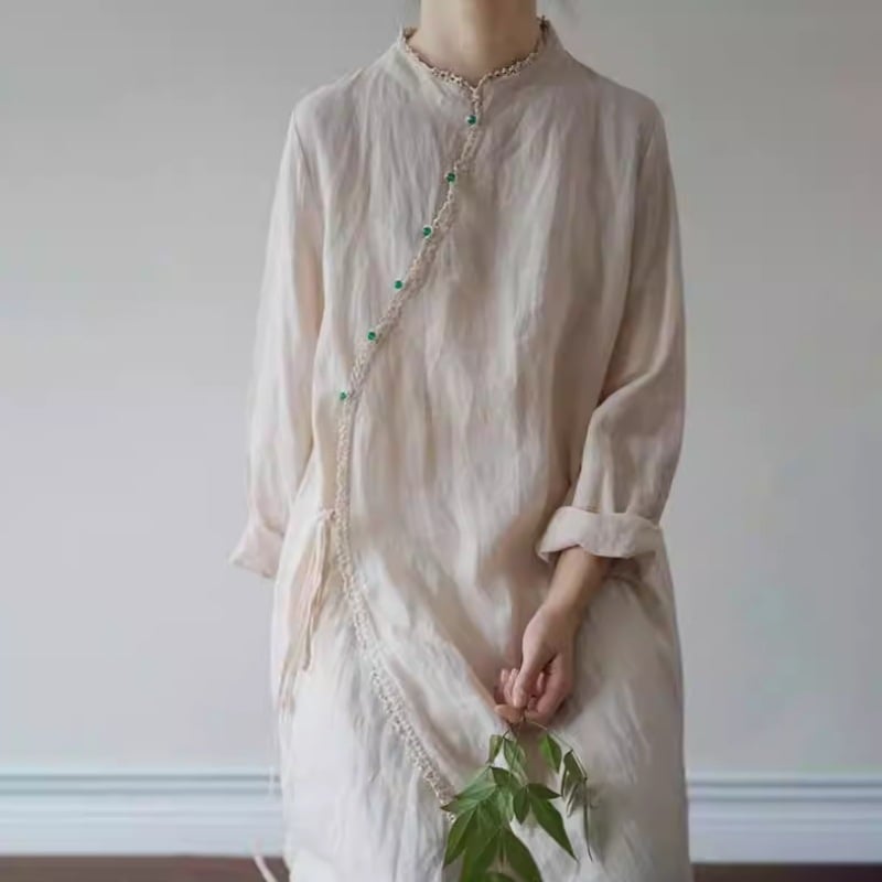 Etno-stil haljina od pamuka i lana, čipka, dužina do koljena, stojeći ovratnik, 3/4 rukava, A-linija, proljeće-ljeto, retro street stil