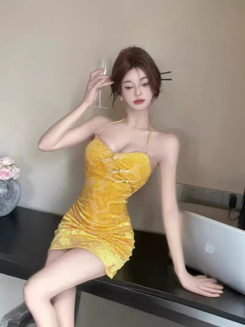 Čipkasta haljina u stilu Cheongsam s halterom, bez rukava, V-dekolte, uski kroj, wrap-hip suknja