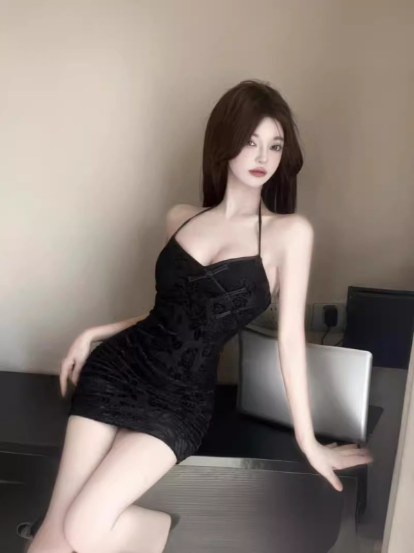 Čipkasta haljina u stilu Cheongsam s halterom, bez rukava, V-dekolte, uski kroj, wrap-hip suknja