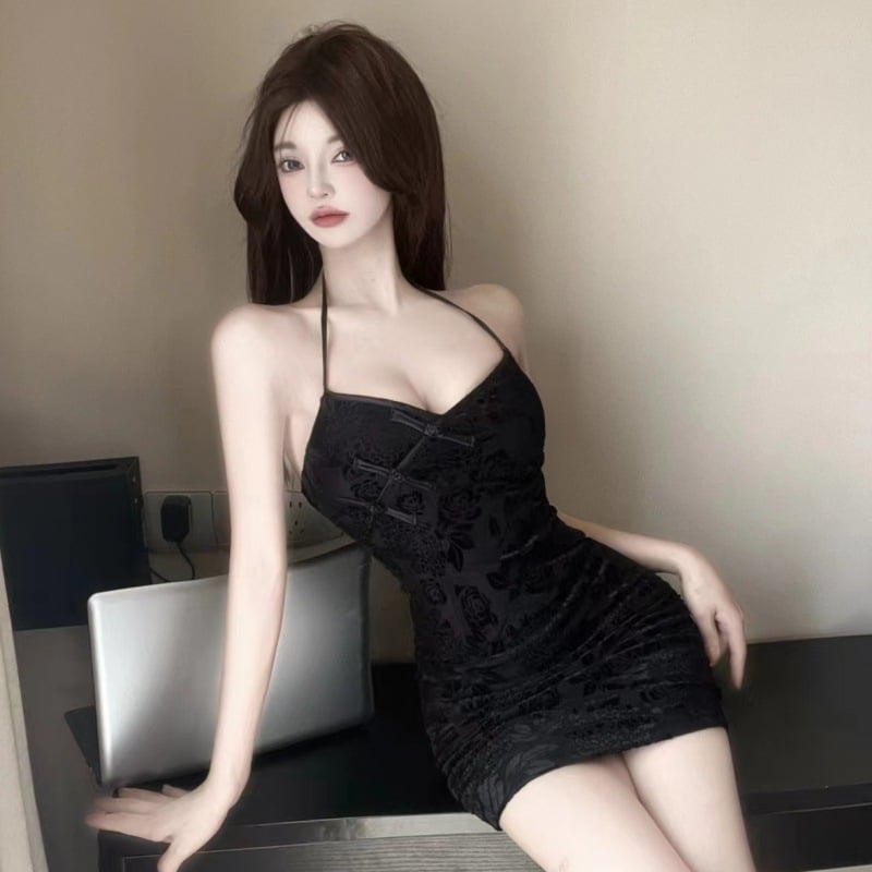 Čipkasta haljina u stilu Cheongsam s halterom, bez rukava, V-dekolte, uski kroj, wrap-hip suknja