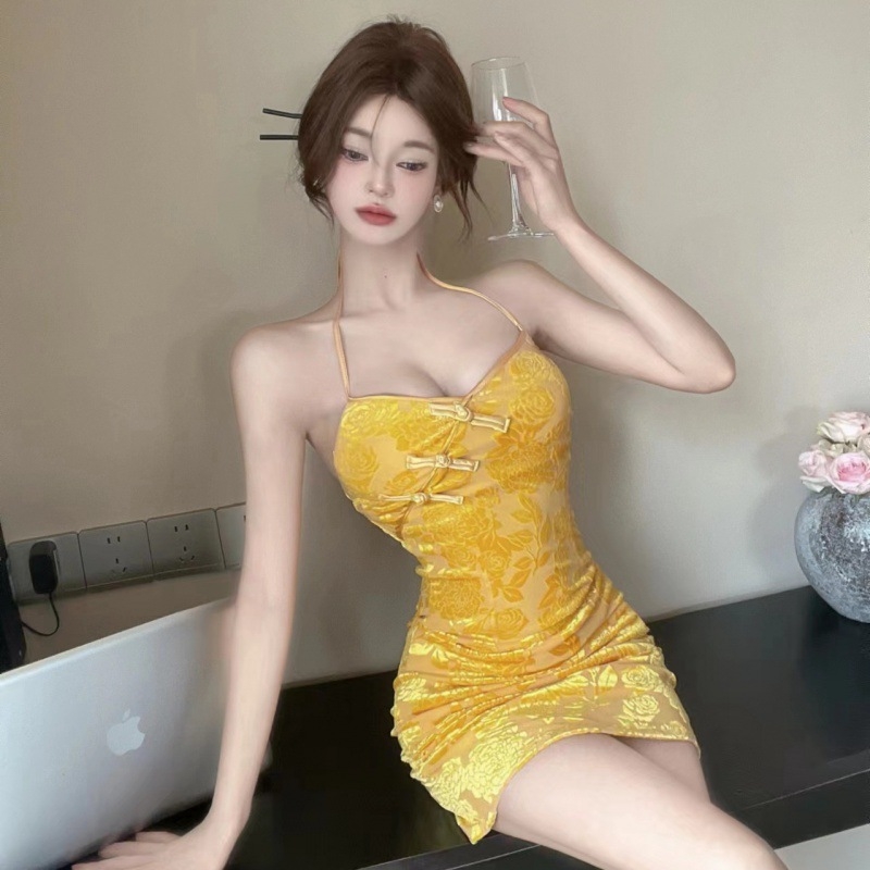 Čipkasta haljina u stilu Cheongsam s halterom, bez rukava, V-dekolte, uski kroj, wrap-hip suknja