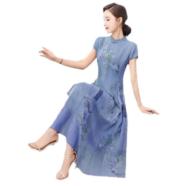 Ženska haljina u kineskom stilu cheongsam, ljeto, uski kroj, kratki rukavi, stojeći ovratnik, duga A-linijska suknja, poliester