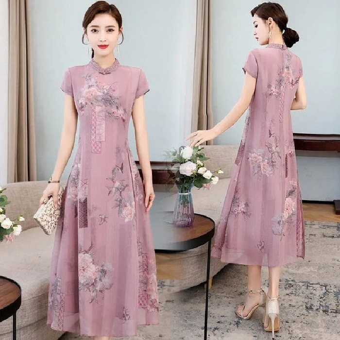 Ženska haljina u kineskom stilu cheongsam, ljeto, uski kroj, kratki rukavi, stojeći ovratnik, duga A-linijska suknja, poliester