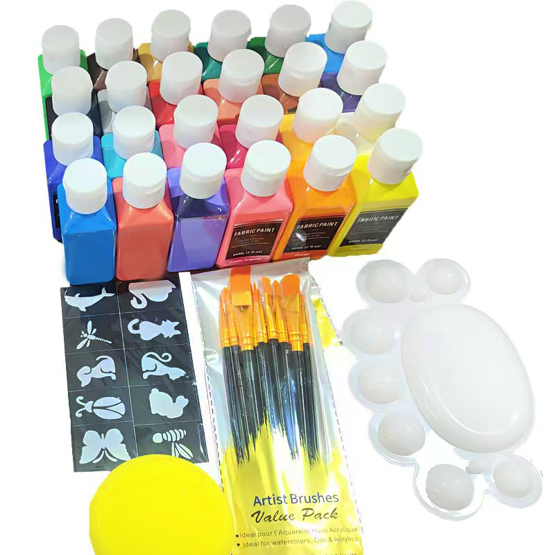 Set tekstilnih akrilnih boja, 24 boja, 60 ml svaka, za slikanje na tkaninama (majice i tenisice), vodootporan, otporan na izblijedivanje, strojno pranje