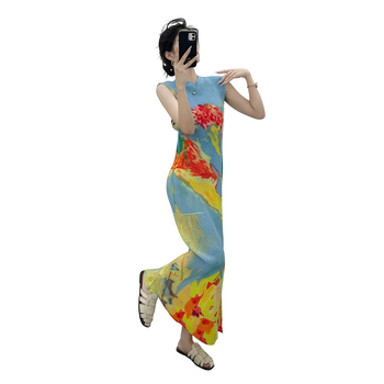 Plisirana haljina u novom kineskom stilu, elegantna cheongsam inspirirana silueta, uski kroj, duga suknja u stilu sirene, ljeto
