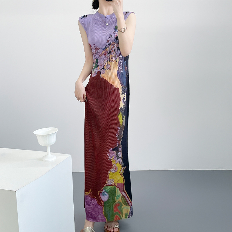 Plisirana haljina u novom kineskom stilu, elegantna cheongsam inspirirana silueta, uski kroj, duga suknja u stilu sirene, ljeto