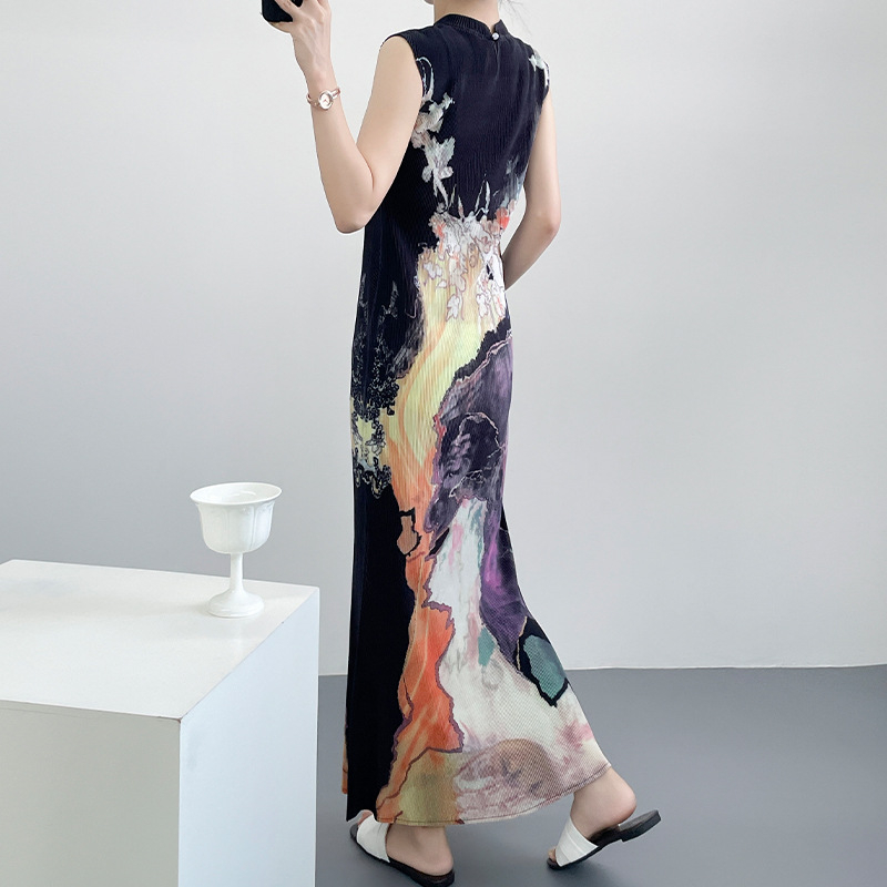 Plisirana haljina u novom kineskom stilu, elegantna cheongsam inspirirana silueta, uski kroj, duga suknja u stilu sirene, ljeto