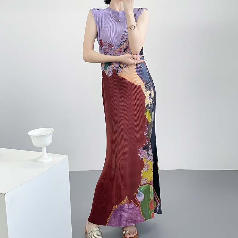 Plisirana haljina u novom kineskom stilu, elegantna cheongsam inspirirana silueta, uski kroj, duga suknja u stilu sirene, ljeto