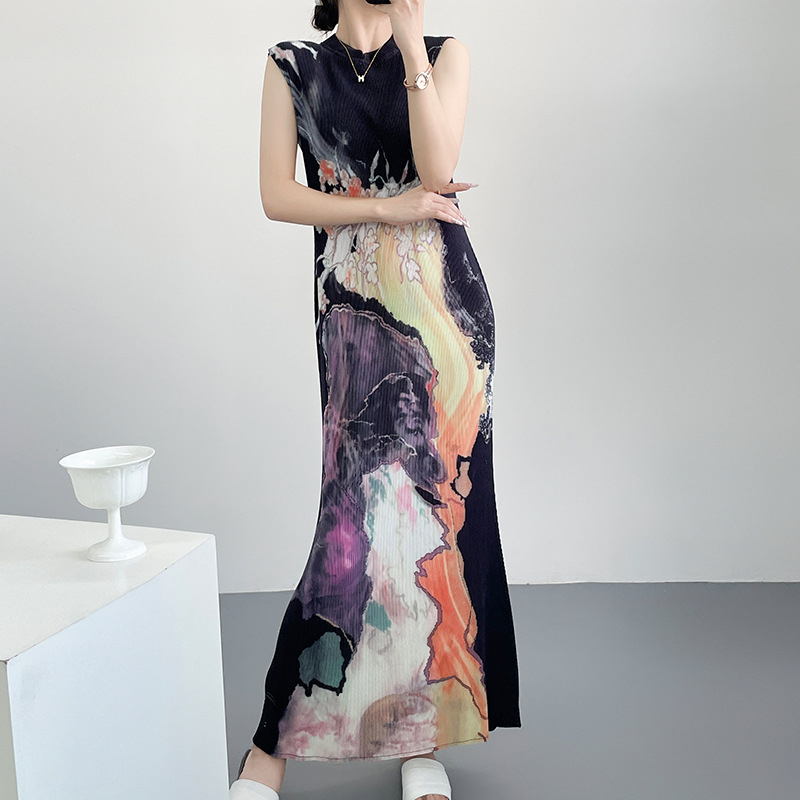 Plisirana haljina u novom kineskom stilu, elegantna cheongsam inspirirana silueta, uski kroj, duga suknja u stilu sirene, ljeto