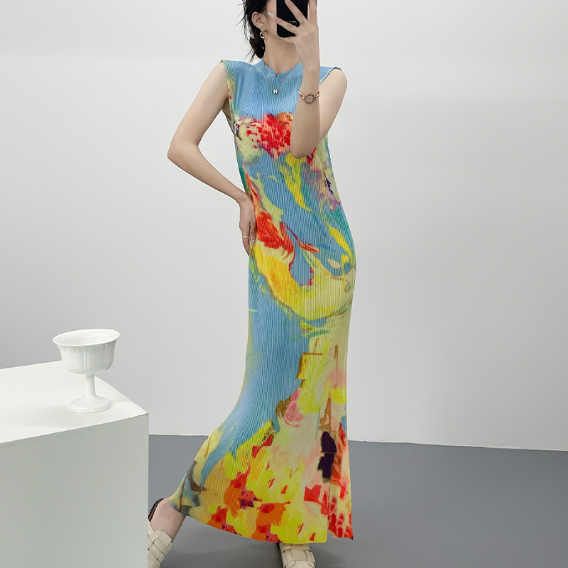 Plisirana haljina u novom kineskom stilu, elegantna cheongsam inspirirana silueta, uski kroj, duga suknja u stilu sirene, ljeto
