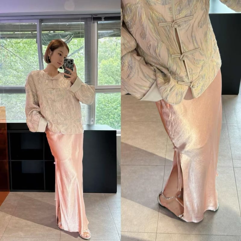 Youran 26 Novi proljetni model, Novi kineski stil, acetatna satenska crepe tkanina, prilagođeni kroj, midi suknja s ribljim repom, čvor i resice, bočni prorez