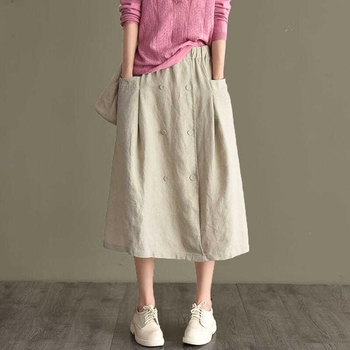 Ženska suknja od pamuka i lana, visok struk, A-kroj, srednja duljina, jednobojna, casual stil