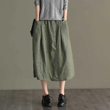 Ženska suknja od pamuka i lana, visok struk, A-kroj, srednja duljina, jednobojna, casual stil