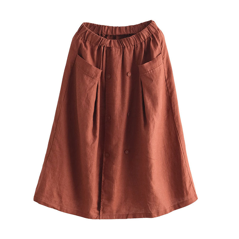 Ženska suknja od pamuka i lana, visok struk, A-kroj, srednja duljina, jednobojna, casual stil