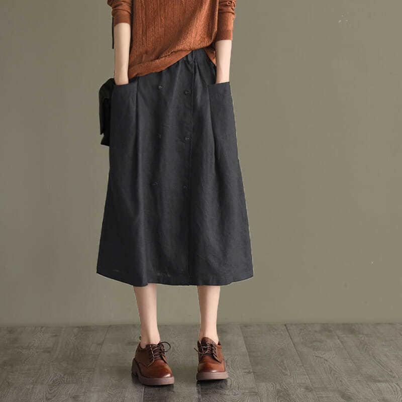 Ženska suknja od pamuka i lana, visok struk, A-kroj, srednja duljina, jednobojna, casual stil