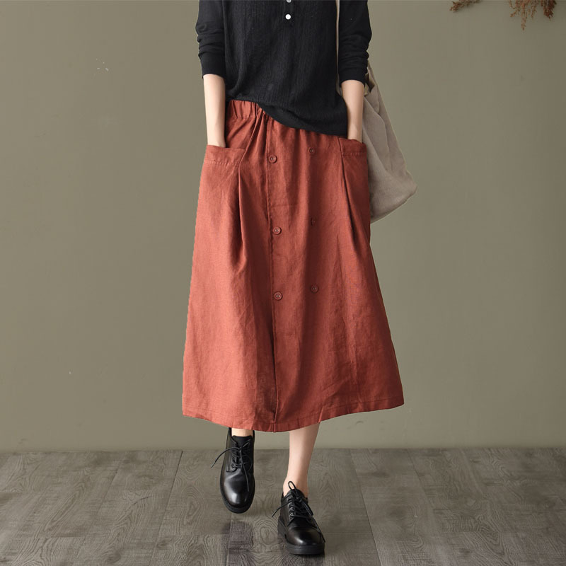 Ženska suknja od pamuka i lana, visok struk, A-kroj, srednja duljina, jednobojna, casual stil