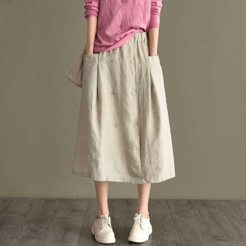 Ženska suknja od pamuka i lana, visok struk, A-kroj, srednja duljina, jednobojna, casual stil